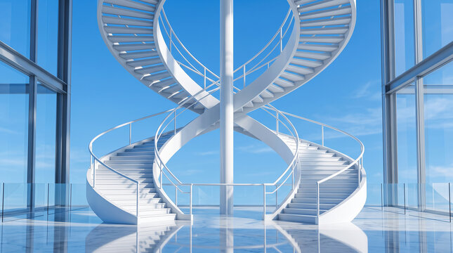 Futuristic white double spiral staircase in modern bright interior with large glass windows