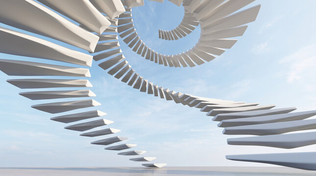 Abstract white floating spiral staircase against blue sky in futuristic render