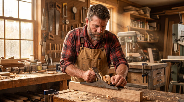 Male carpenter planing wood on workbench in workshop