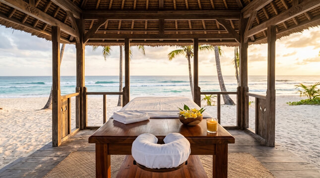 Massage table on tropical beach in open-air pavilion at sunset
