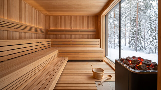 Modern wooden sauna interior with panoramic window overlooking snowy winter forest