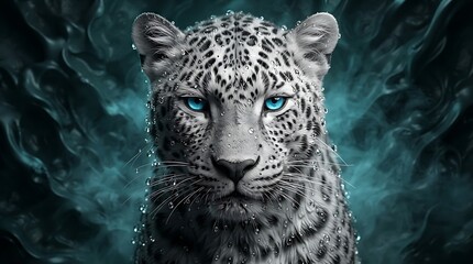 Fototapeta premium A majestic leopard portrait with glowing blue eyes and ethereal dark smoke background.
