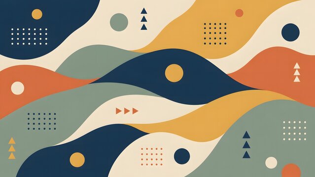 Abstract retro seamless pattern with colorful flowing waves and geometric shapes in a trendy 1970s aesthetic style. Retro Geometric Wavy Wallpaper Copy Space