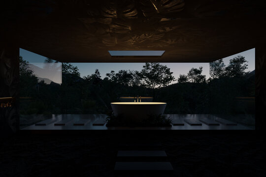 3D rendering of a luxury bathroom with view to jungle trees and large panoramic windows