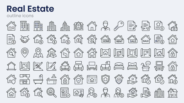 An organized grid of outlinestyle real estate and property icons on a light background