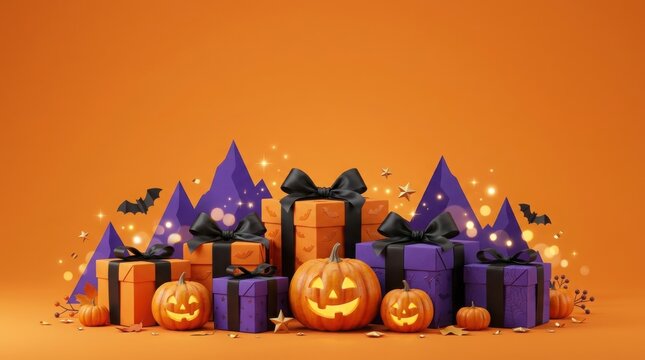 Halloween pumpkins and gifts on orange background with pumpkins