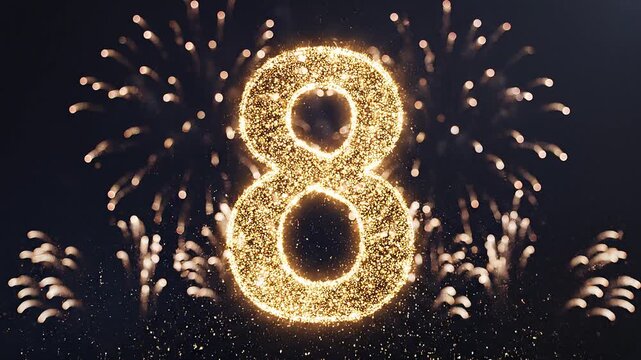 Golden Birthday Number 8 with Fireworks, Gold Particle Animation