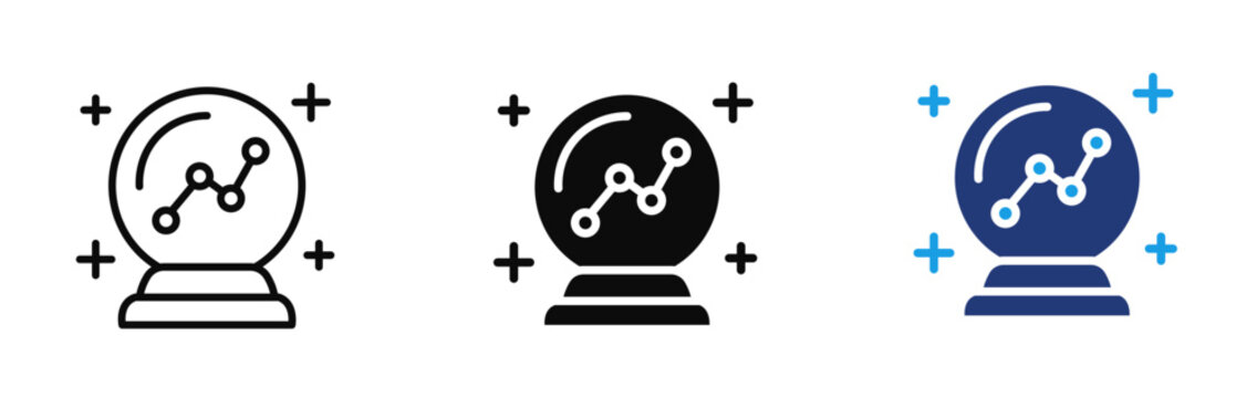 Business Forecast Analytics Crystal Ball Icon Set, Data Prediction, Business Intelligence, AI Analytics, Statistics Graph, Data Visualization, Insight Vector