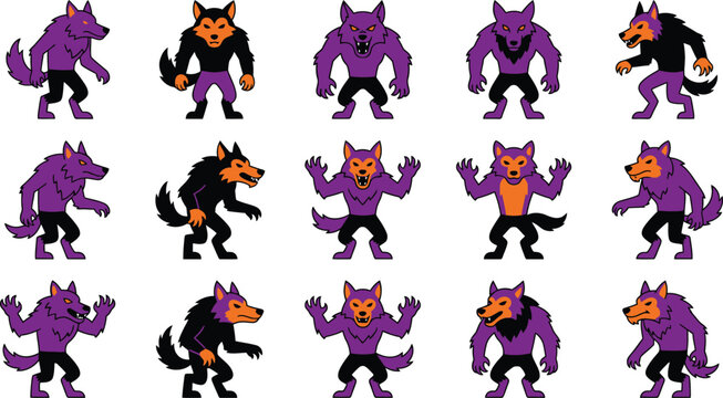 Collection of pixel art werewolf characters for a spooky halloween game design