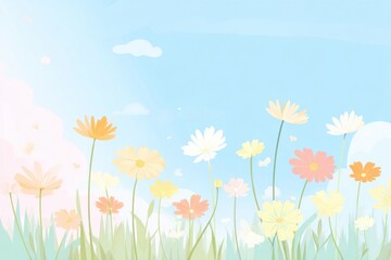 Obraz premium Illustration of colorful daisies under a bright blue sky with clouds.