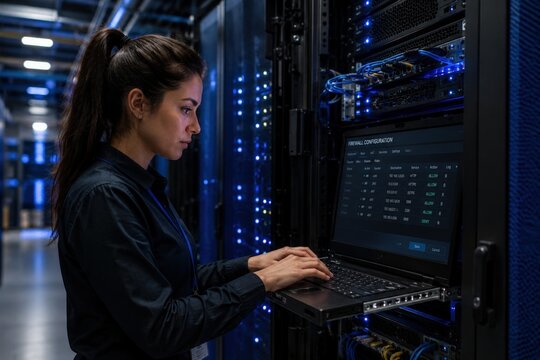 Female Engineer Configuring Firewall in Data Center Server Room