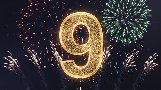 Golden Birthday Number 9 with Fireworks, Gold Particle Animation