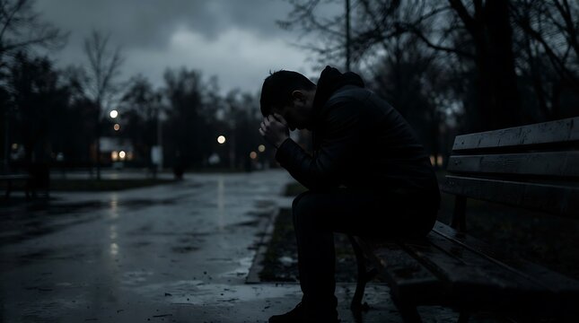 A lonely young man sitting on a park bench feeling depressed and sad during a rainy evening.