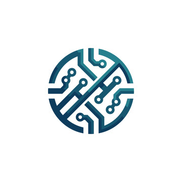 Blue circular electronic circuit board schematic logo icon