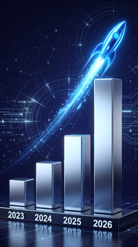 A futuristic rocket launches upwards from a bar chart, symbolizing growth and progress, with a starry digital background, representing innovation and future success.
