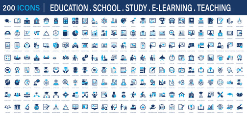 Huge set of 200 solid icons. Mega collection concept of education, school learning, academic university degree, student study graduation, online teaching training tutorials. Vector illustration