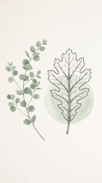 Botanical illustration of eucalyptus leaves and an oak leaf with watercolor accents, representing nature and organic design