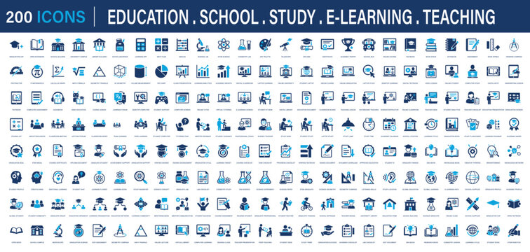 Huge set of 200 solid icons. Mega collection concept of education, school learning, academic university degree, student study graduation, online teaching training tutorials. Vector illustration