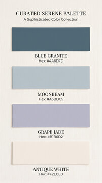 Four color swatches, showcasing a sophisticated palette of blue, grey, lavender, and cream hues, representing calm and elegance.