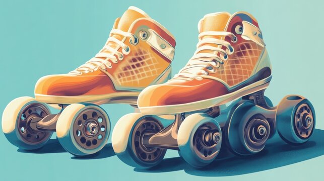Roller skates with an orange and white color palette sit on a plain light blue surface to represent a classic recreational activity and vintage sports gear for indoor or outdoor skating enthusiasts.
