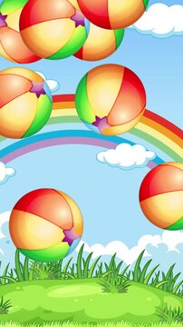 Vertical Animation of Colorful Beach Balls Bouncing on Green Grass