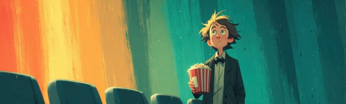 Man that is standing in front of a chair movie theater banner copy space