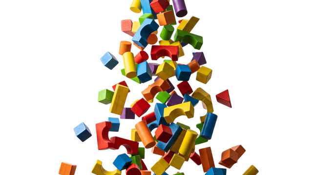 Colorful wooden building blocks falling in mid-air, vibrant toy construction bricks explosion on white background, creative play and education concept