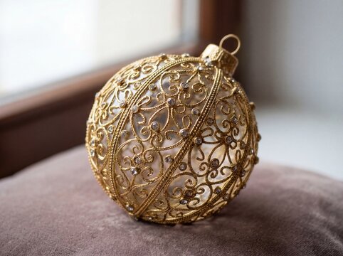 Christmas luxury golden filigree bauble with rhinestones on velvet cushion