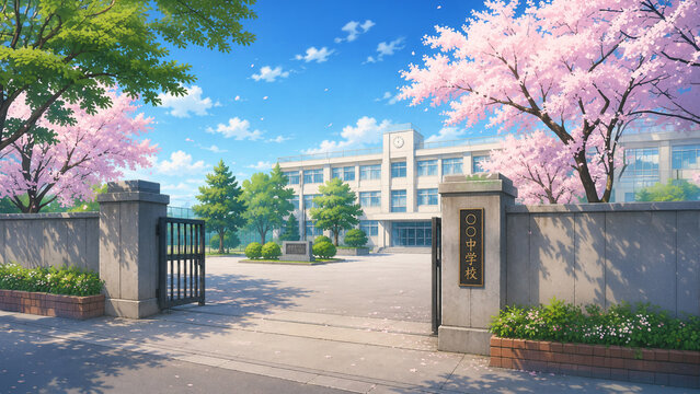 アニメ風 春の中学校 校舎と校門 桜咲く日本の学校風景