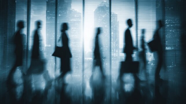Silhouettes of people walking in a dark room with a city view