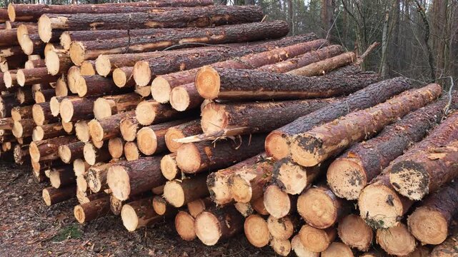 Large pile of freshly cut pine logs stacked horizontally on forest floor, showing rough bark texture and clean end grain of timber, representing forestry industry, logging, wood processing.