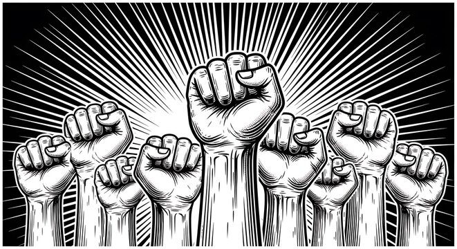 Crowd of raised fists against a dark sunburst background symbolic of protest