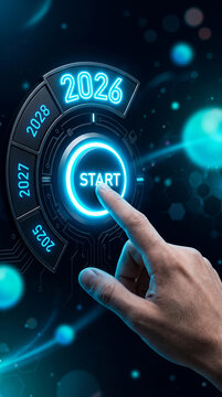 Finger pressing a futuristic start button on a circular dial showing years 2025-2028, symbolizing future planning and initiative.