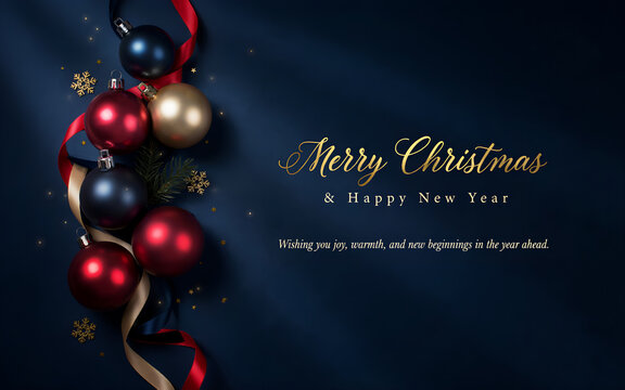 Red, Gold and Dark blue Christmas decoration balls with satin ribbons on dark background. Merry christmas and happy new year greeting card with copy space for,Festive Celebration & Decorative Design 