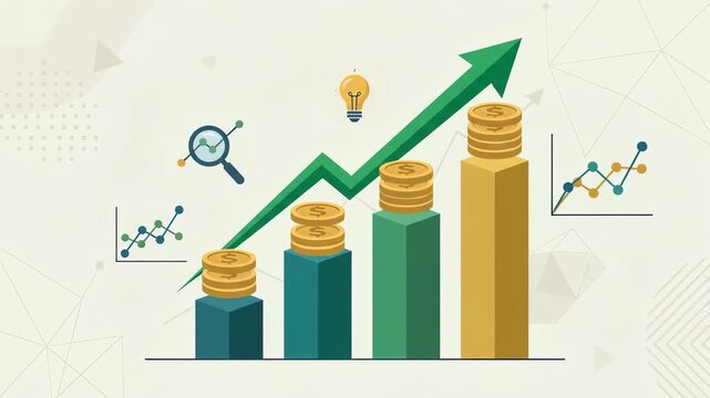 Financial Success Animation with Rising Bar Chart Green Arrow Gold Coins Lightbulb and Data Icons