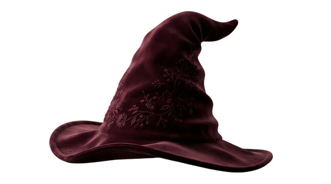 Elegant dark red velvet witch hat with floral embroidery isolated on transparent background