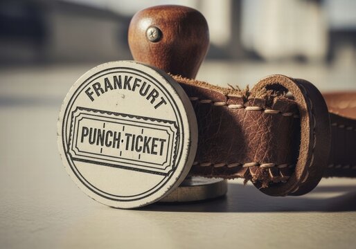 Round Frankfurt punch ticket stamp with a leather handle, used for document validation in travel, ai illustration travel graphics, AI generated