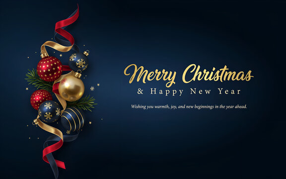Red, Gold and Dark blue Christmas decoration balls with satin ribbons on dark background. Merry christmas and happy new year greeting card with copy space for,Festive Celebration & Decorative Design 