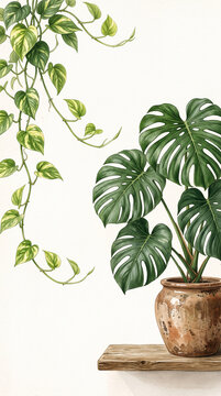 Green ivy and monstera leaves cascade and sprout from a rustic pot on a wooden shelf, symbolizing natural growth and home decor