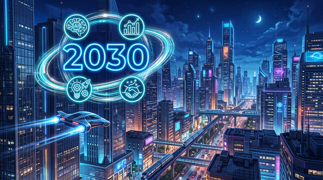 Neon-lit futuristic cityscape with flying car, trains, and icons representing AI, growth, idea, and partnership, symbolizing 2030 innovation.