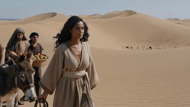 Ancient Middle Eastern desert scene inspired by the Bible, featuring Abigail traveling with servants bearing offerings during her encounter with David