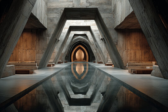 Symmetrical brutalist architecture interior with concrete pillars reflecting over long calm indoor water pool leading to arched glowing entrance, minimalist luxury spa space empty calm relaxing scene.