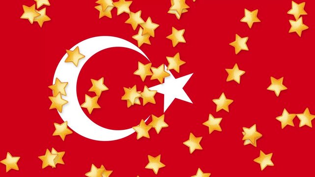 Animated Gold Stars Falling Over Red Flag With White Crescent