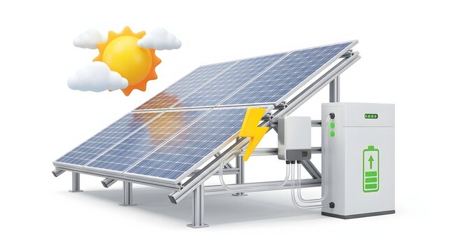 Solar panel system with battery storage and sun icon for renewable green energy power generation technology