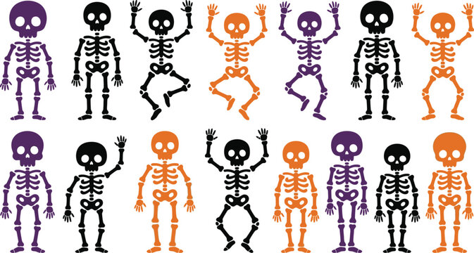 Set of cute colorful skeletons for halloween party decoration and graphic design