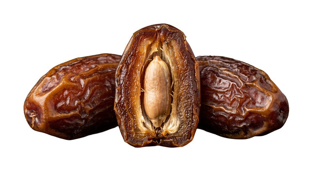 Dried brown dates two whole and one cut open showing on transparent background