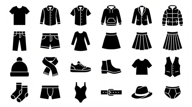 a flat black vector silhouette icon set of various clothing garments and accessories on white