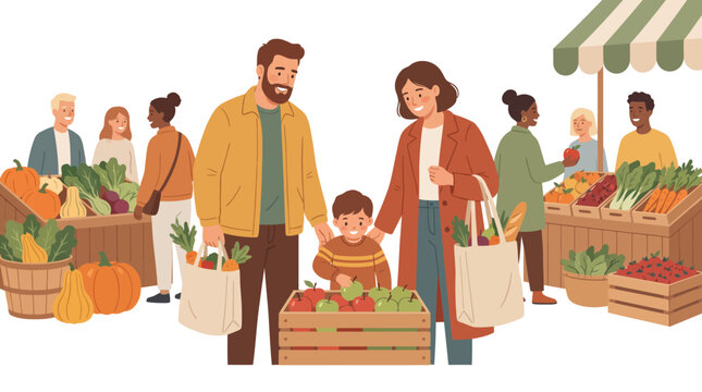 Happy family shopping for fresh vegetables and fruits at local autumn outdoor farmers market vector illustration