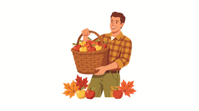Happy Male Farmer Holding Wicker Basket Full of Fresh Apple Harvest in Autumn
