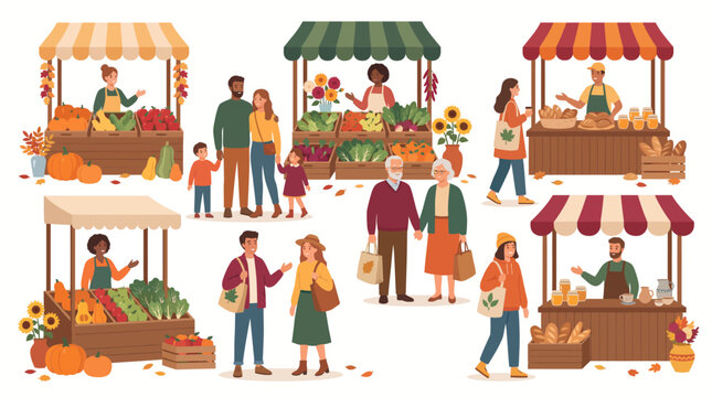 Autumn farmers market vector set with people shopping at local food stalls, purchasing fresh organic vegetables and bread